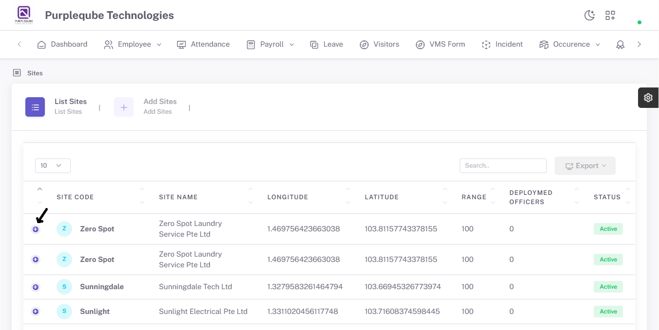 Expand icon highlighted next to a site code in the Sites list